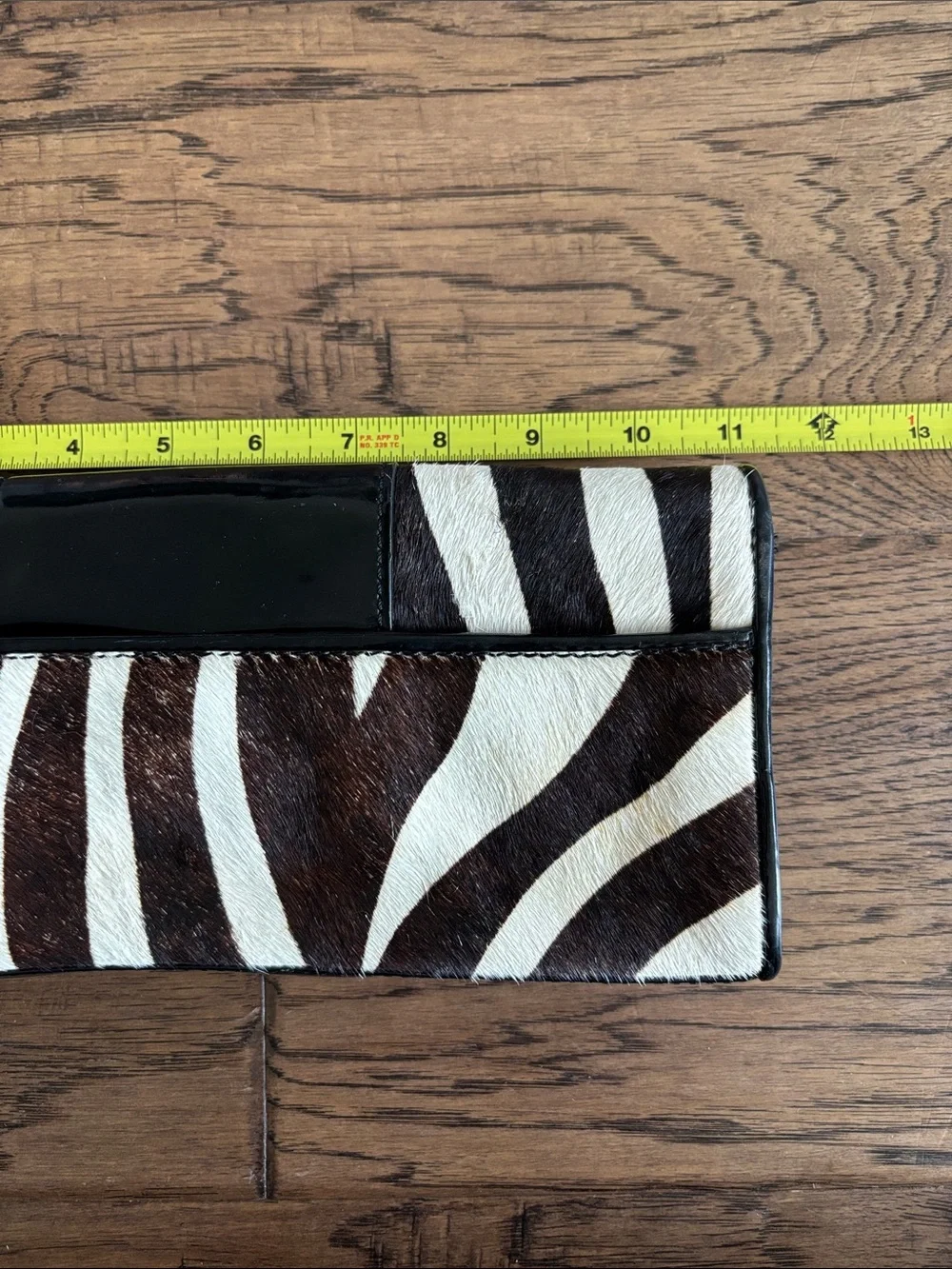Leather Zebra-Print Clutch Wallet with Black Patent Leather Accent
